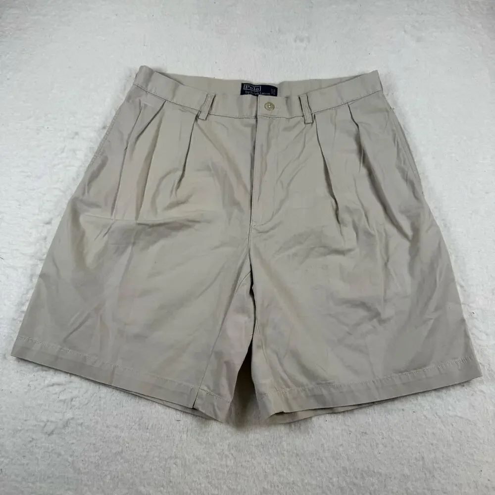 Polo Ralph Lauren Shorts Mens Size 35 Beige Chino Pleated 9 Inseam Casual